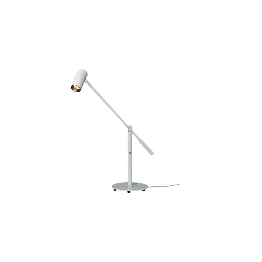 Vit justerbar bordslampa med cylinderformad lampskärm och rund fot