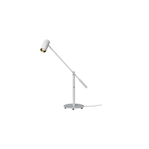 Vit justerbar bordslampa med cylinderformad lampskärm och rund fot