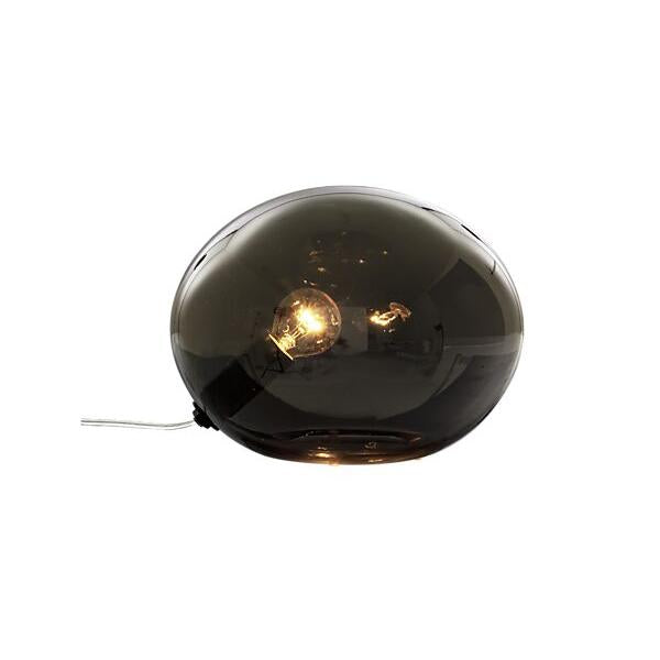 Oval bordslampa i vitt opalglas med grå sladd, modern design