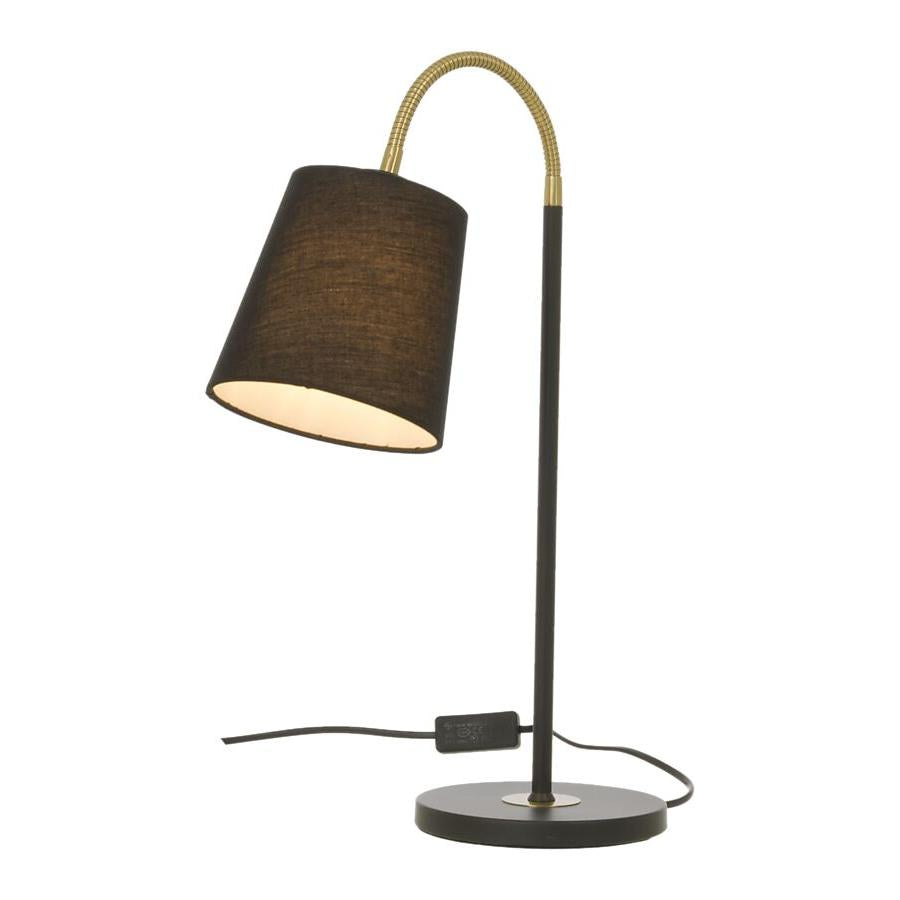 Vit bordslampa med guldfärgad böjbar arm och rund lampskärm i tyg
