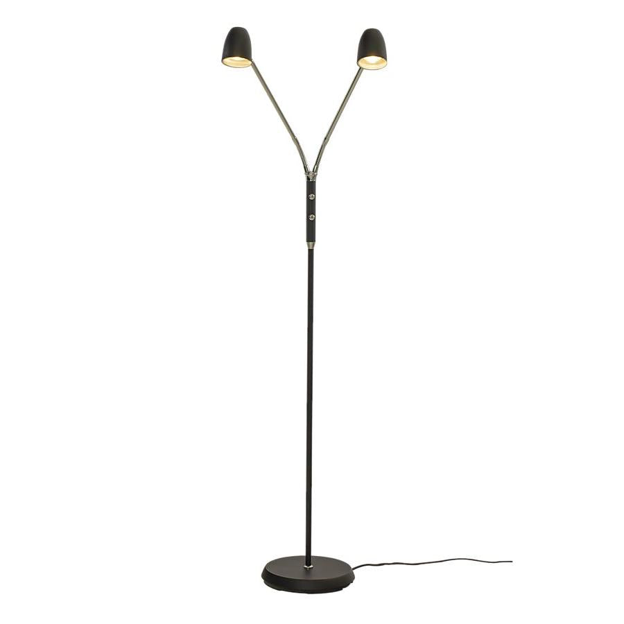 Vit golvlampa med två justerbara lampor och rund fot, modern design för vardagsrum och sovrum