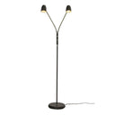 Svart golvlampa med två justerbara lampor och rund fot, modern design