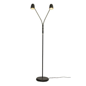 Svart golvlampa med två justerbara lampor och rund fot, modern design