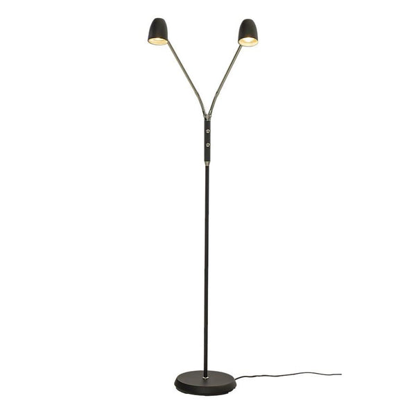 Svart golvlampa med två justerbara lampor och rund fot, modern design