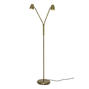 Guldmässing golvlampa med dubbla justerbara spotlights och rund fot