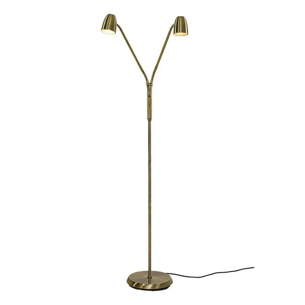 Guldmässing golvlampa med dubbla justerbara spotlights och rund fot