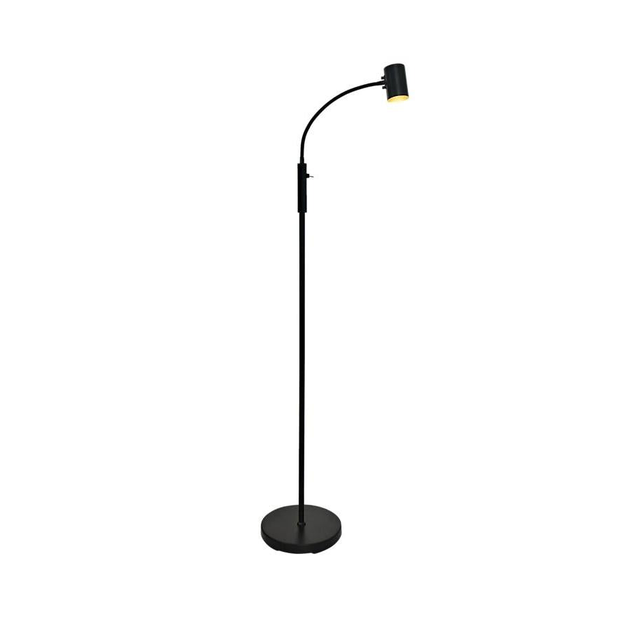 Vit golvlampa med böjbar arm och justerbar höjd, rund fot och riktbar lampskärm