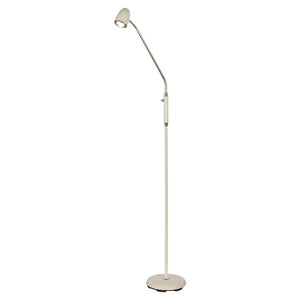 Vit golvlampa med böjbar arm och rund fot, justerbar höjd, modern design