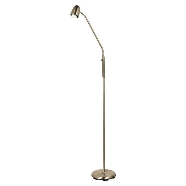 Golvlampa i borstad metall med justerbar arm och rund fot, modern design