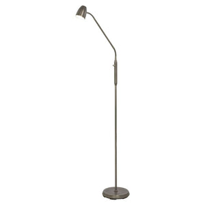 Grå golvlampa med justerbar arm och rund fot, modern läslampa i metall