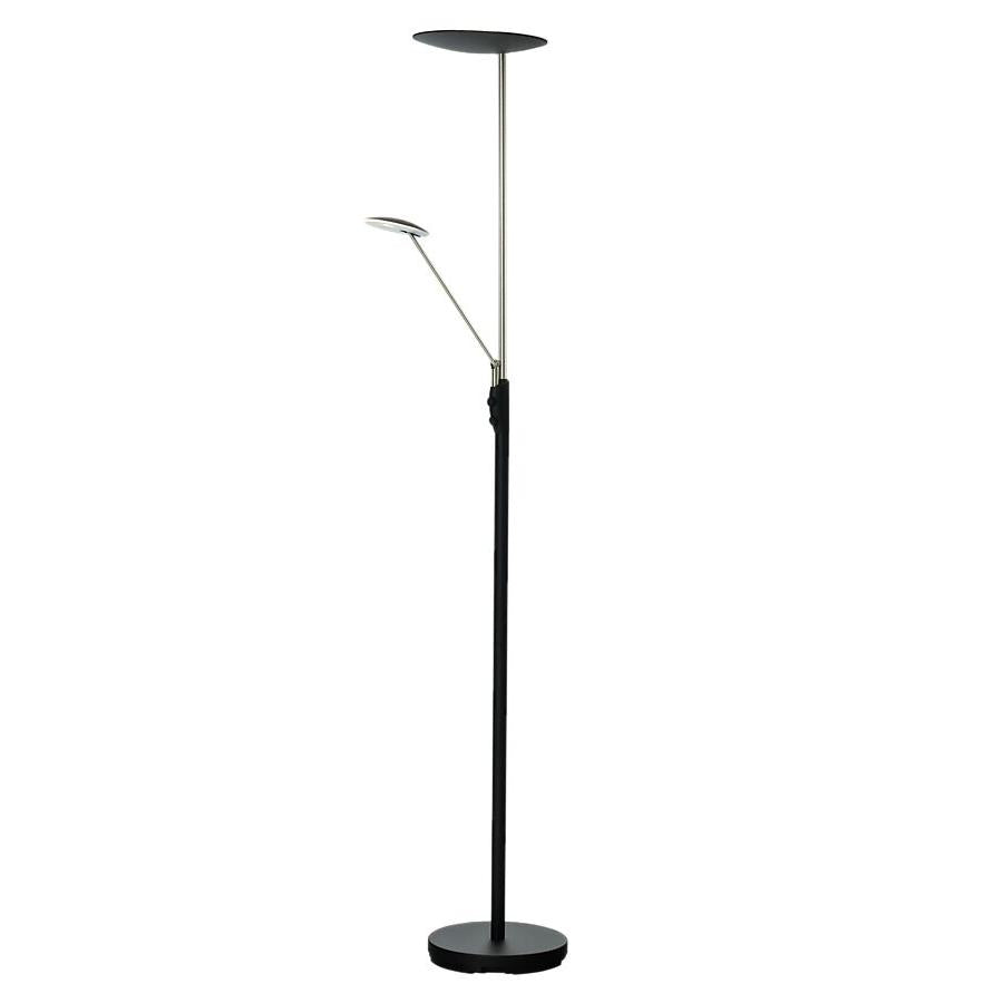 Svart golvlampa med läsarmatur i mässing, justerbar arm och rund fot