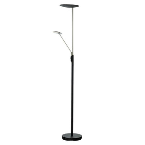 Svart golvlampa med upplysningsmiljö och läsarm i modern design