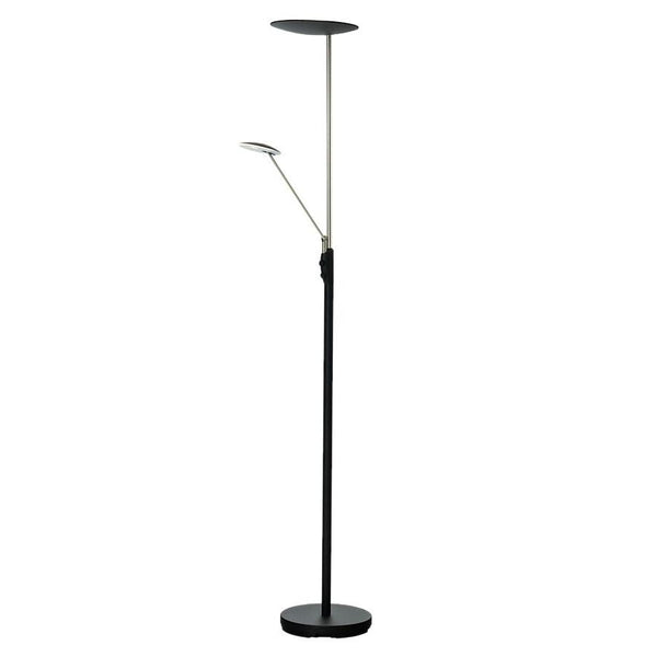 Svart golvlampa med upplysningsmiljö och läsarm i modern design