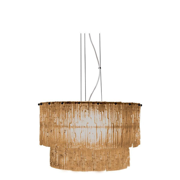 Taklampa i guld med två lager av hängande glaspärlor i cylindrisk form