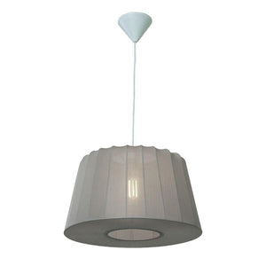 Taklampa med grå textilskärm och vit upphängning, modern pendellampa med mjukt ljus