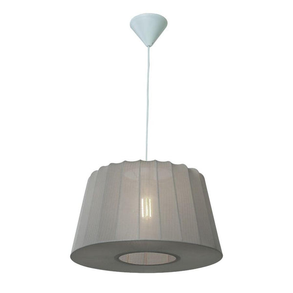 Taklampa med grå textilskärm och vit upphängning, modern pendellampa med mjukt ljus