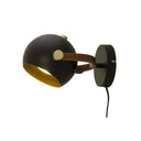 Svart vägglampa med guldinteriör och brunt läderband, justerbar spotbelysning med kabel