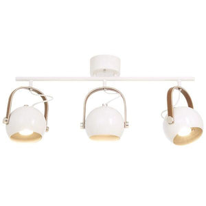 Vit taklampa med tre justerbara spotlights och detaljer i koppar/roséguld