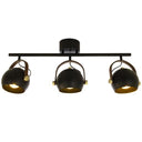 Taklampa med tre justerbara spotlights i svart och guld, modern industriell design