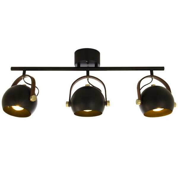 Taklampa med tre justerbara spotlights i svart och guld, modern industriell design