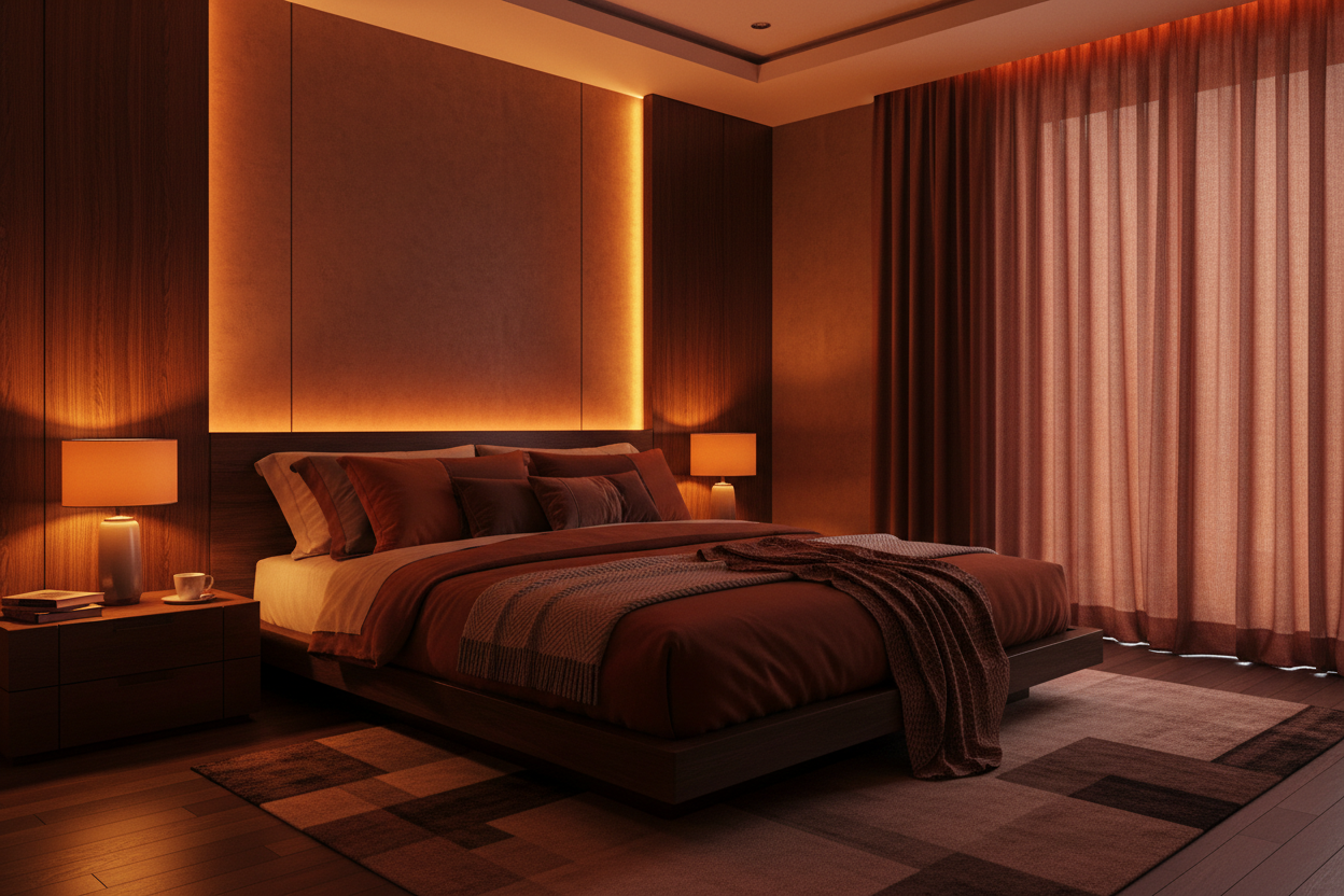 Mysigt sovrum i varma jordtoner med indirekt belysning, bruna textilier och elegant inredning