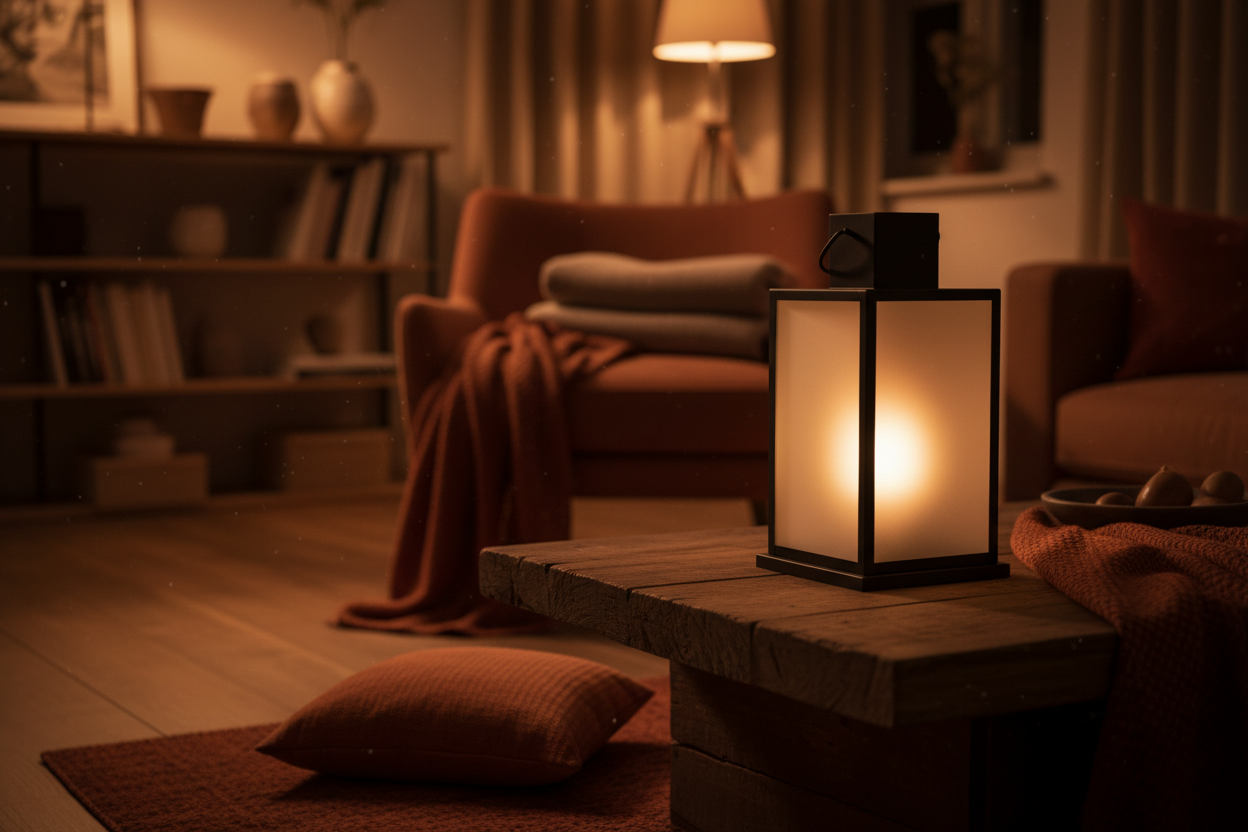 Upplyst lykta på träbord i mysigt vardagsrum med soffa och varmt sken