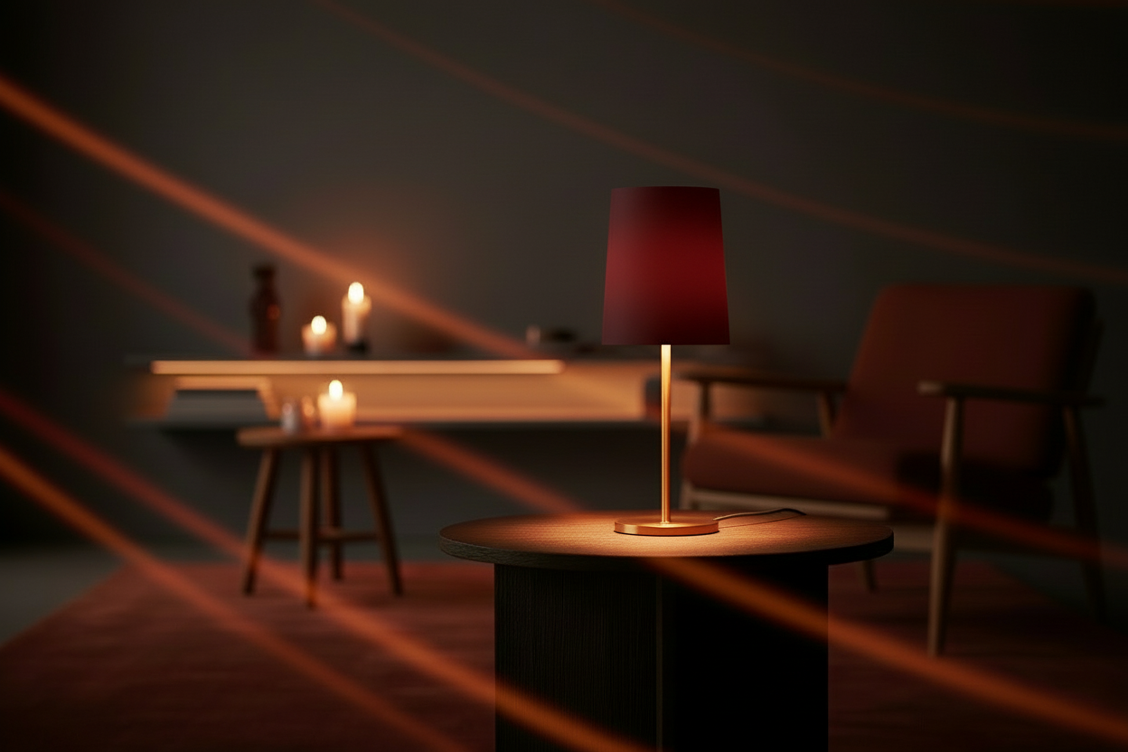 Röd bordslampa på runt bord i mysigt vardagsrum med levande ljus och fåtölj i bakgrunden