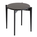 Runt sidebord i svart med grå träskiva och tre ben i modern skandinavisk design
