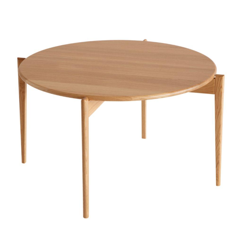 Runt soffbord i ljust trä med tre ben och triangulära detaljer i skandinavisk design