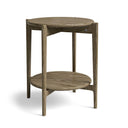 Runt sidobord i ekfanér med två hyllplan och fyra ben i naturfärgad finish