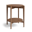 Runt soffbord i massiv ek med två hyllplan och smala ben i skandinavisk design