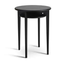 Runt svart sidobord med låda och tre ben i trä