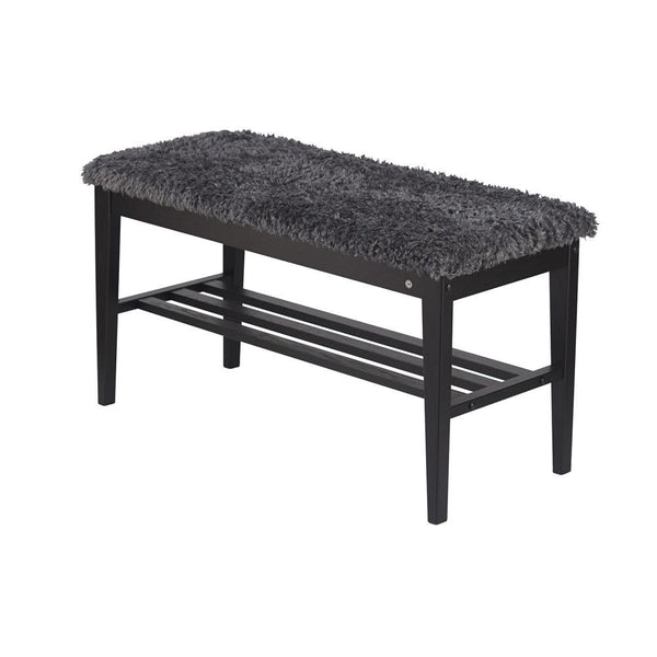 Svart hallbänk med grå luddig sits och ribbor under, perfekt för förvaring av skor