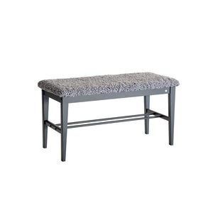 Hallbänk med grå yllad sittdyna och mörkgrå träben samt skoförvaring undernåt