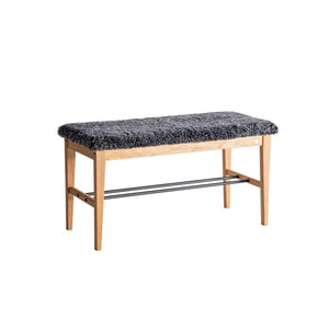 Hallbänk med sits i gråmelerad textil och underrede i ljust trä med metallhylla för skoförvaring