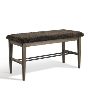Hallbänk med grå fårskinnsdyna och skoställning, mörkbrun träram, skandinavisk design