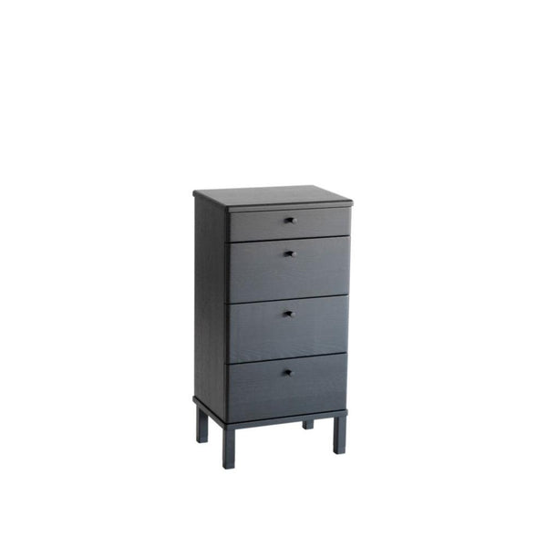 Grå byrå med fyra lådor och ben i trä, modern skandinavisk design för förvaring