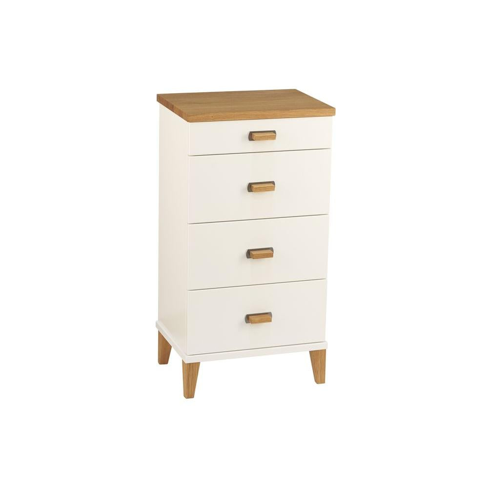 Vit byrå med fyra lådor och trädetaljer i ek, moderna träben och handtag