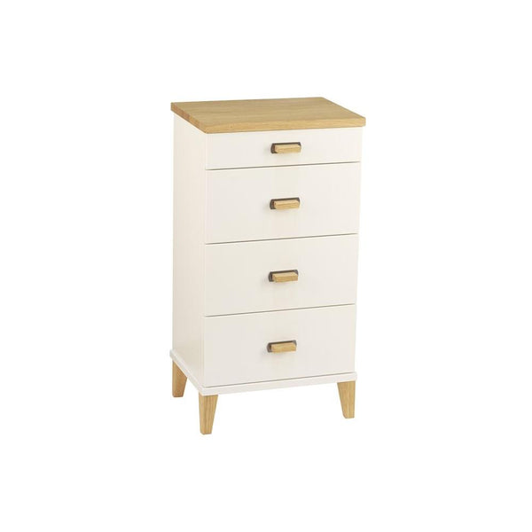 Vit byrå med fyra lådor och ljusa trädetaljer i skandinavisk design