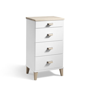 Vit byrå med fyra lådor och ljust trätop, moderna ben i skandinavisk stil