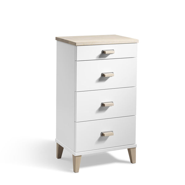 Vit byrå med fyra lådor och ljust trätop, moderna ben i skandinavisk stil