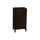 Mörk byrå med fyra lådor och metallhandtag på ben i modern design