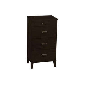 Mörk byrå med fyra lådor och metallhandtag på ben i modern design