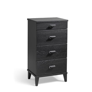 Svart byrå med fyra lådor och metallhandtag på ben i modern design