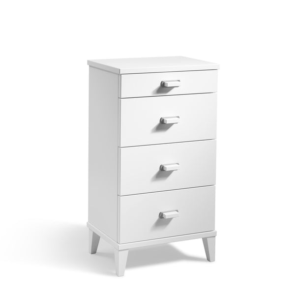 Vit byrå med fyra lådor och silverfärgade handtag på snedställda ben