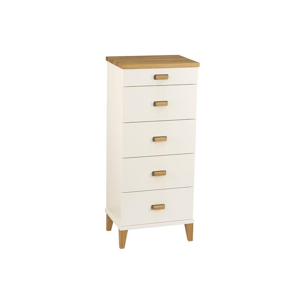 Vit byrå med fem lådor och trädetaljer i ek, moderna träben och trähandtag