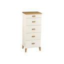 Vit byrå med fem lådor och trädetaljer i ek, moderna träben och trähandtag