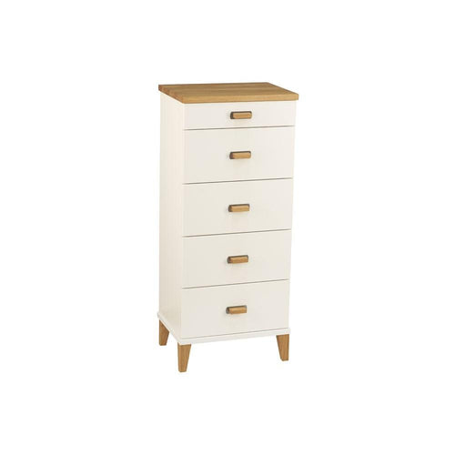 Vit byrå med fem lådor och trädetaljer i ek, moderna träben och trähandtag