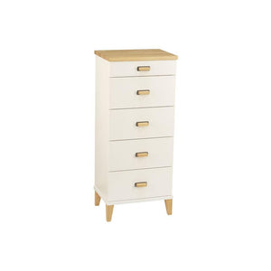 Vit byrå med fem lådor och detaljer i ljust trä, moderna träben och handtag i trä och metall