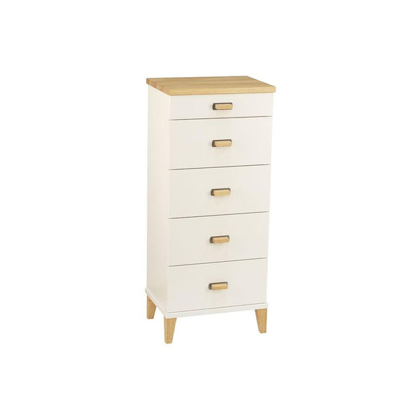 Vit byrå med fem lådor och detaljer i ljust trä, moderna träben och handtag i trä och metall